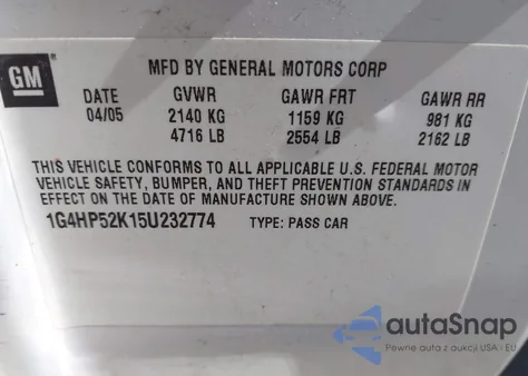 2005 Buick Lesabre Custom z USA, uszkodzony, nr VIN 1G4HP52K15U232774